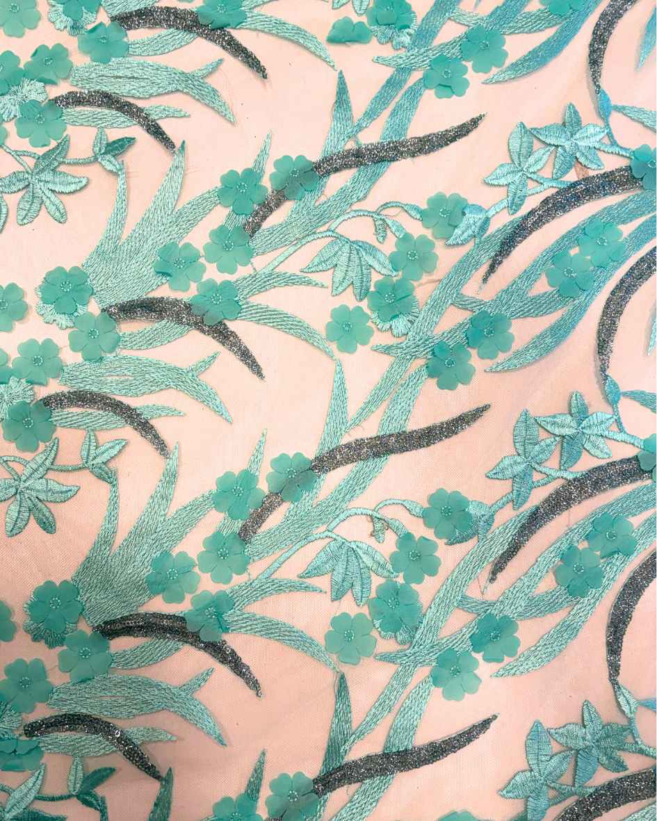 tul flores 3D turquesa